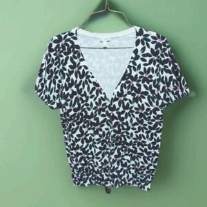 📌SALE $10📌Talbots Womens Short Slee Button Front Black/White/Pink Knit Sweater